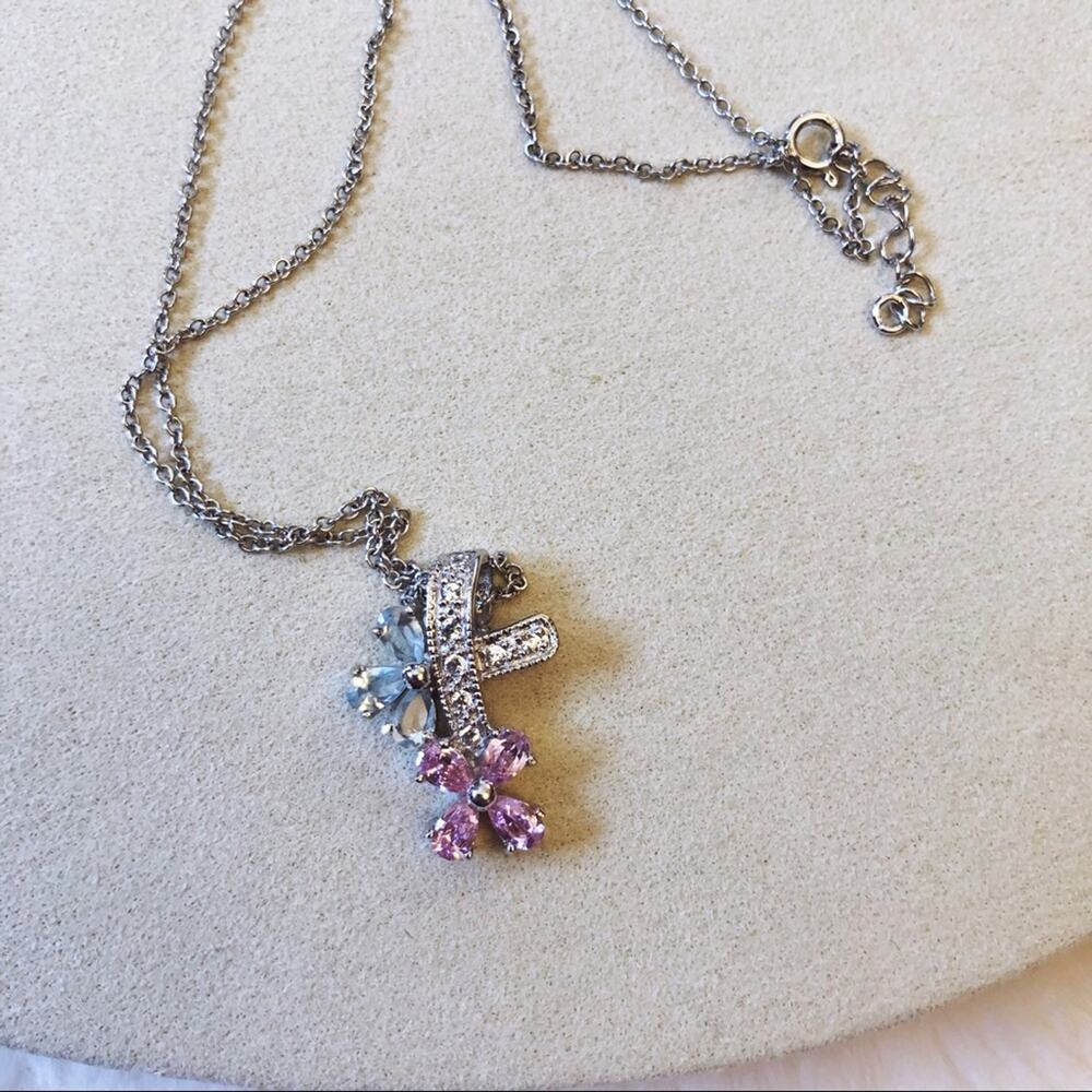 Sterling Silver Multi Crystals Flowers Necklace - Picture 5 of 10